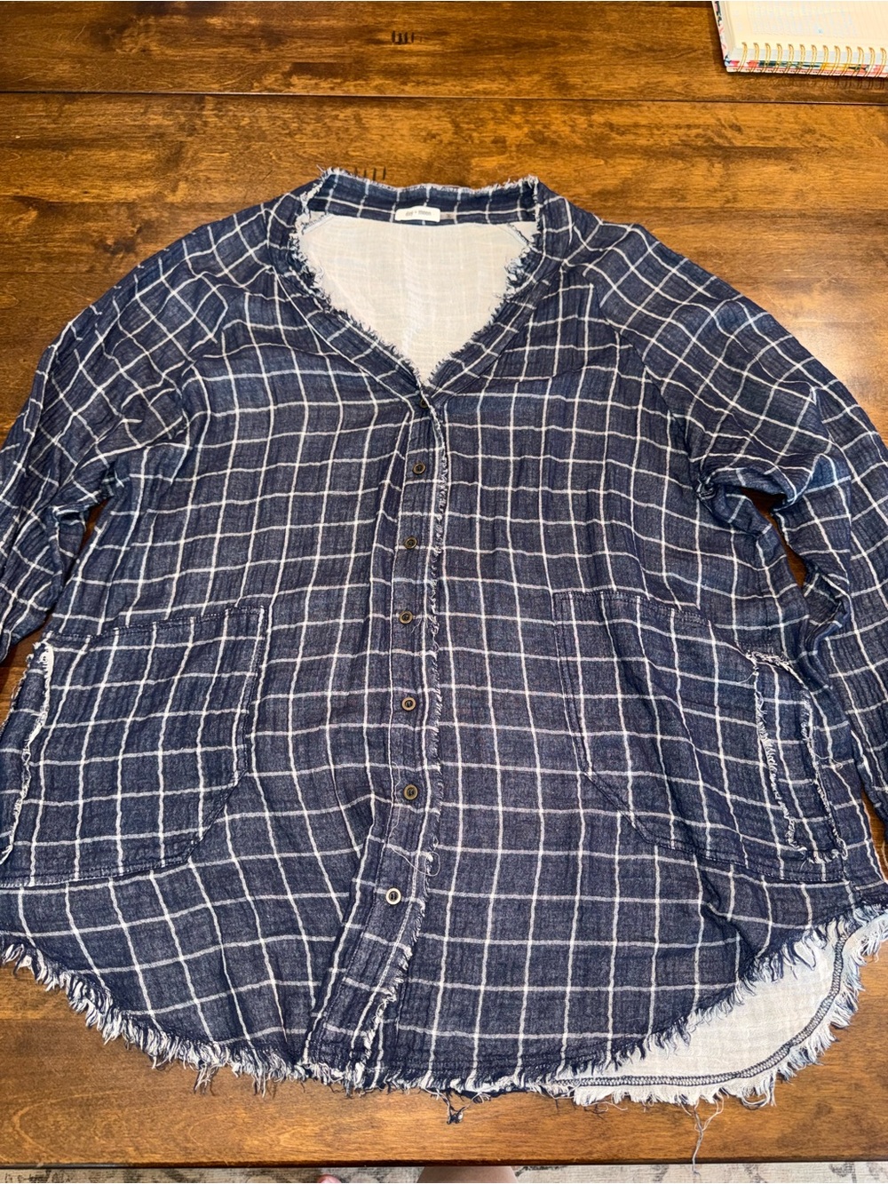 Button-Front Navy Plaid Frayed Hem Women's Shirt